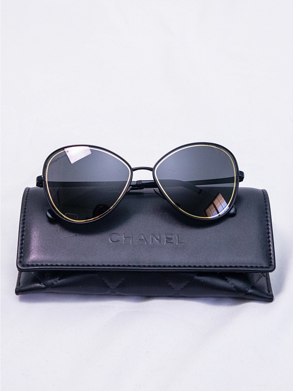 CHANEL Black Butterfly / Cat-Eye Sunglasses with Gold Trim